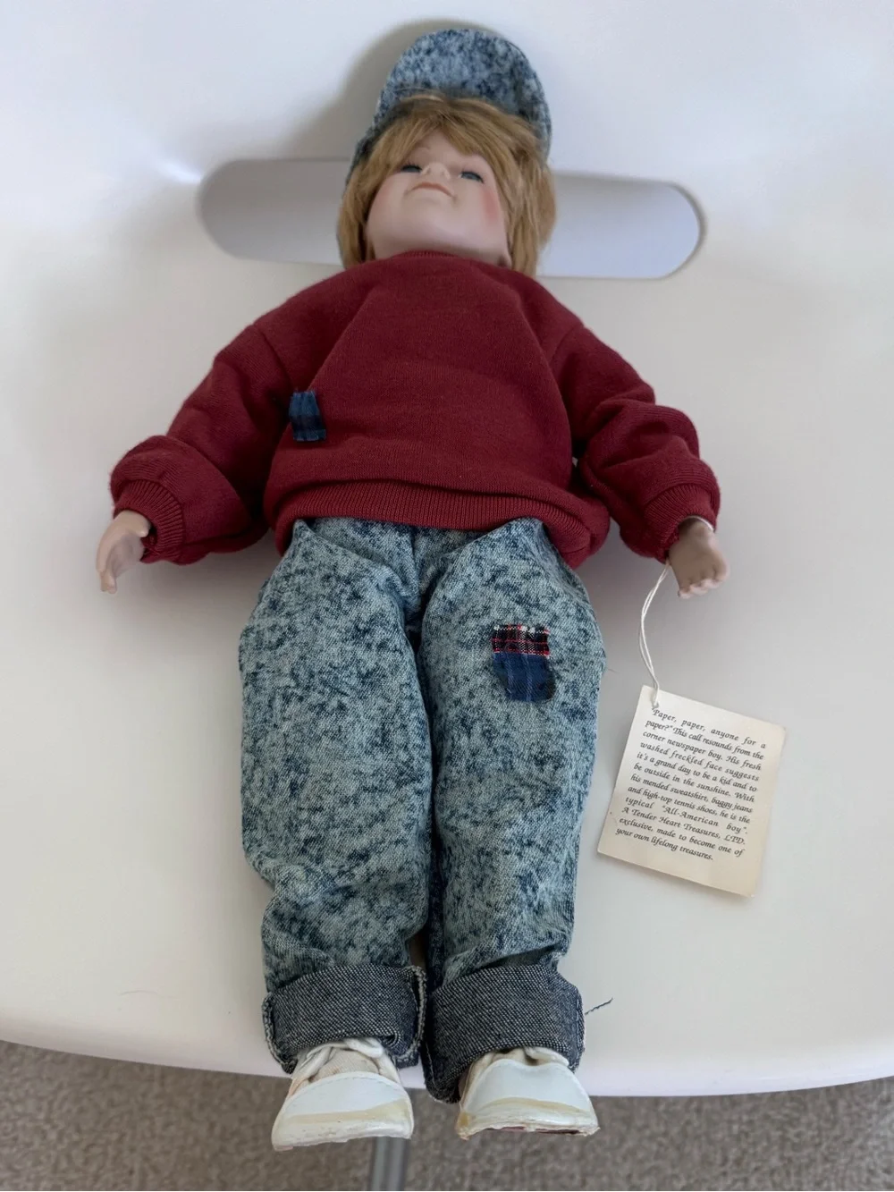 Vintage Tender Heart Treasures Danny Boy Porcelain Doll Newspaper Boy Blonde Blu